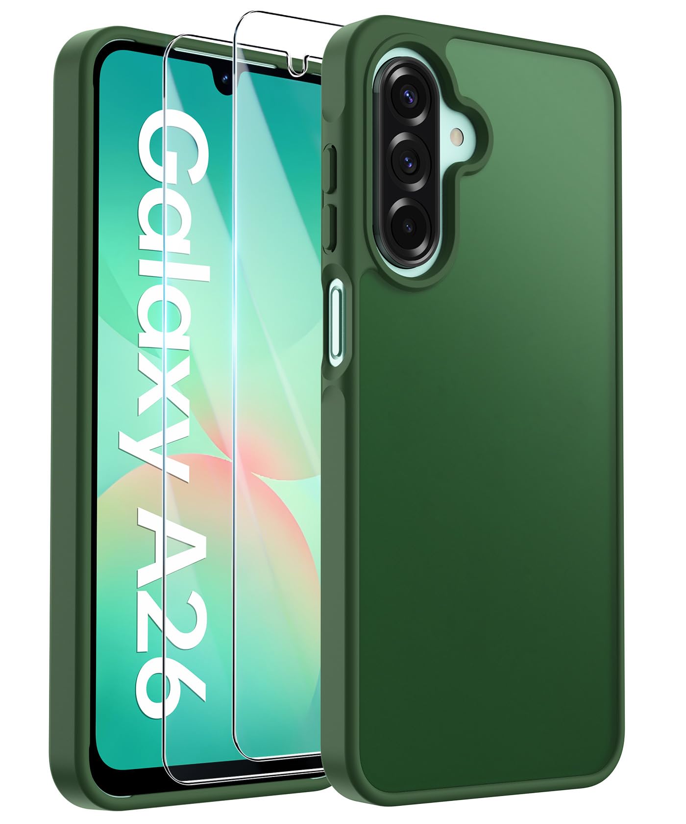 FLLAO Opaca Cover Compatibile con Samsung Galaxy A26 5G con 2 Vetro Temperato, [Della Fotocamera Protezione] Anticaduta Antiurto Anti-Graffio Hard PC Glassata Traslucida Custodia Verde Scuro