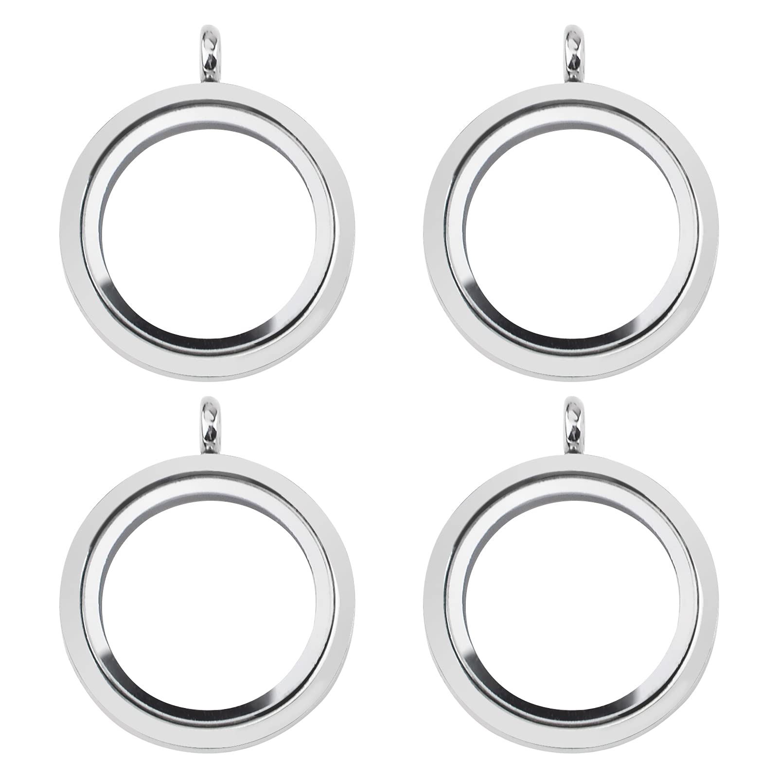 WANDIC Memory Locket Charms, 4 Pcs Round Electroplated Crystal Picture Frame Bouquet Charm, Mini Photo Charm for 2 Photos, Metal Silver, No Gemstone