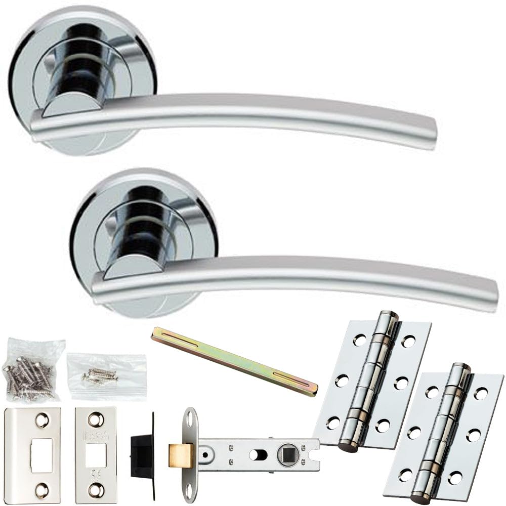 Loops Polished Chrome Door Handle & Latch Pack - Polished & Satin Chrome - Slim Arched Lever On Round Rose