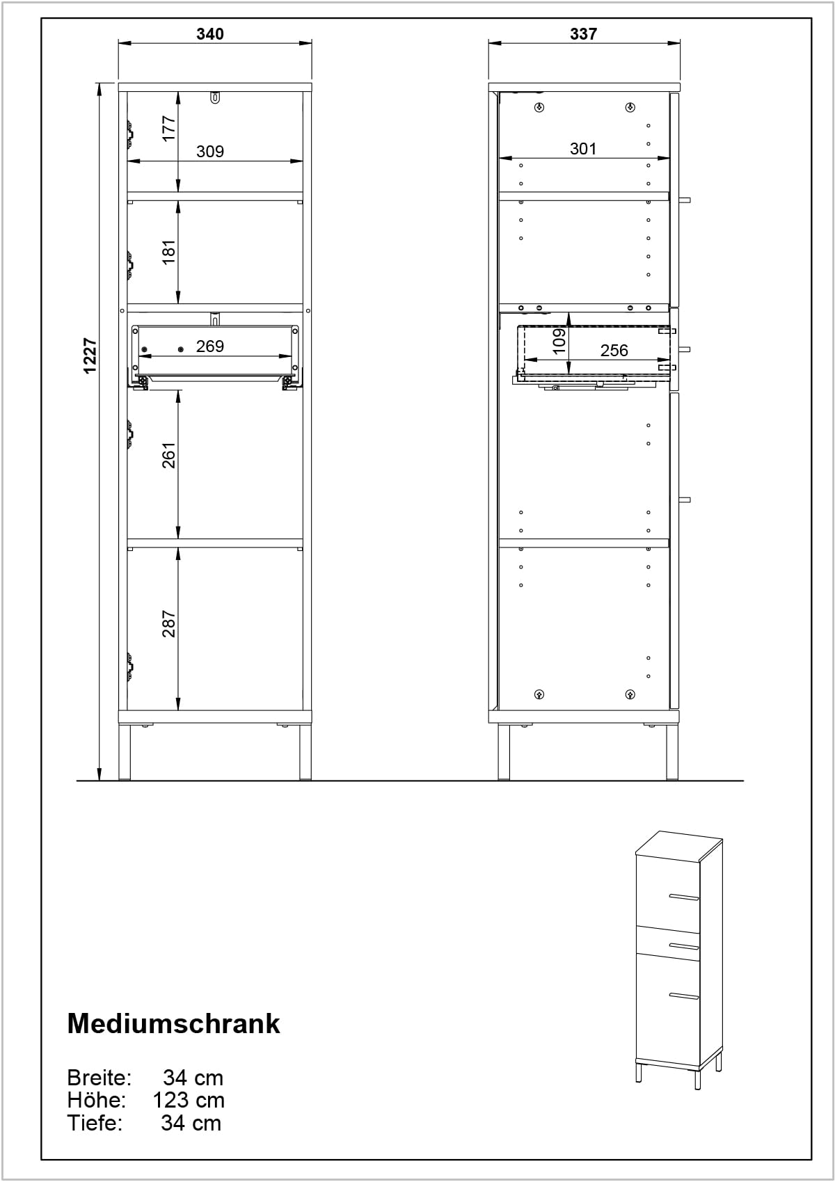 Germania Mediumschrank 2671-573 GW-Yonkers, in Kaschmir/Nussbaum-Nb., mit Selbsteinzug der Schubladen, 34 x 123 x 34 cm (BxHxT)