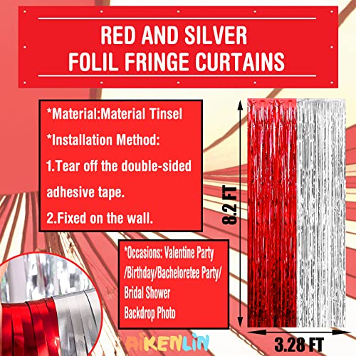 Image of 4 Pack 3.2Ft x 8.2Ft Silver Red Foil Fringe Curtain Backdrop, Metallic Tinsel Foil Fringe Streamers Curtains Background for Photo Booth, Wedding, Circus Welcome Carnival Birthday Party Decoration