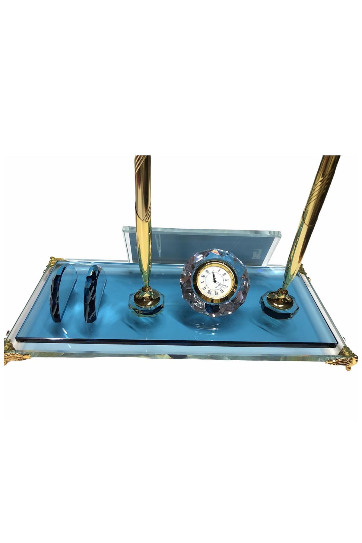 MOOGCO Targhetta da scrivania personalizzata: targhetta da scrivania in vetro nero con orologio, portapenne con 2 penne, porta carte - targhetta da scrivania (Doppia Blu Con Orologio)
