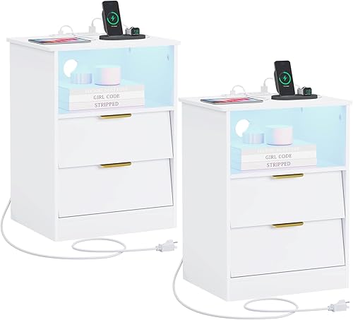 EPHEX Juego de 2 mesitas de noche con estación de carga y luces LED mesa auxiliar moderna con 2 cajones inclinados y almacenamiento abierto gran
