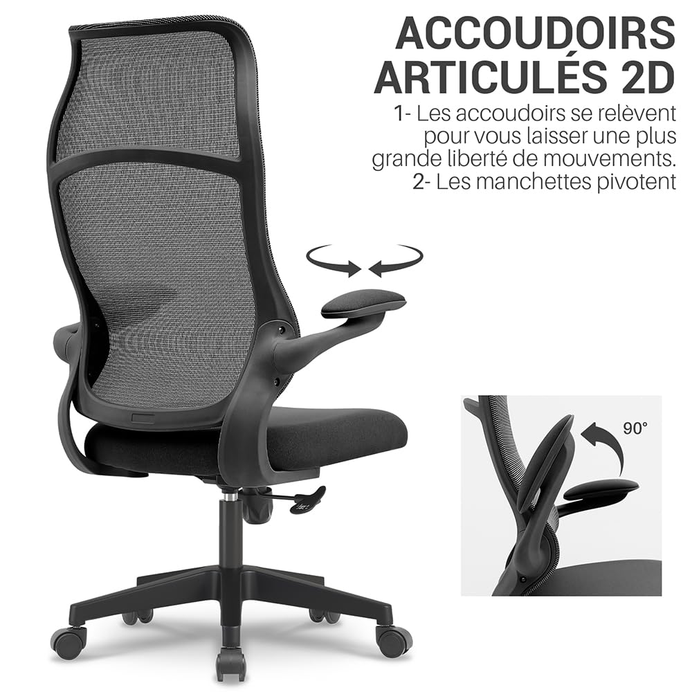 Waytex Poltrona da ufficio ergonomica in tessuto – schienale alto traspirante in rete, braccioli 2D sollevabili e girevoli, meccanismo basculante centrato, altezza seduta regolabile – nero