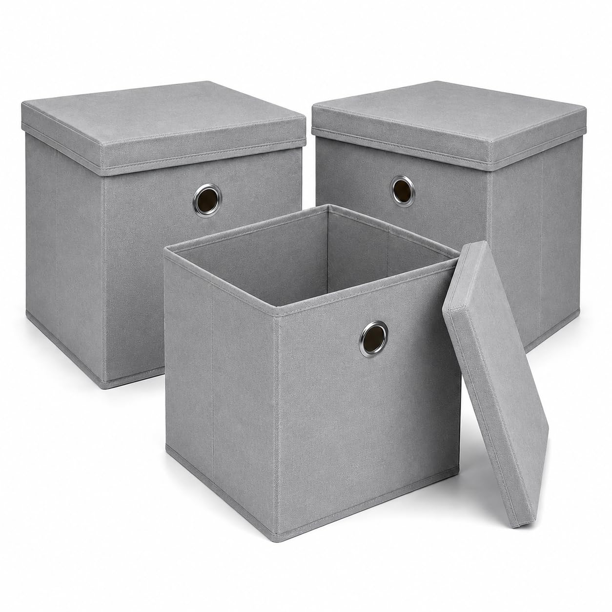 Set of 3 Fabric Storage Cube Box with Lid, Foldable Fabric Storage Basket, Non-Woven Storage Organiser Bin with Handle for Clothes, Toys, Books, Shelves, Wardrobes & Home Storage (Grey, 35x35x35cm)