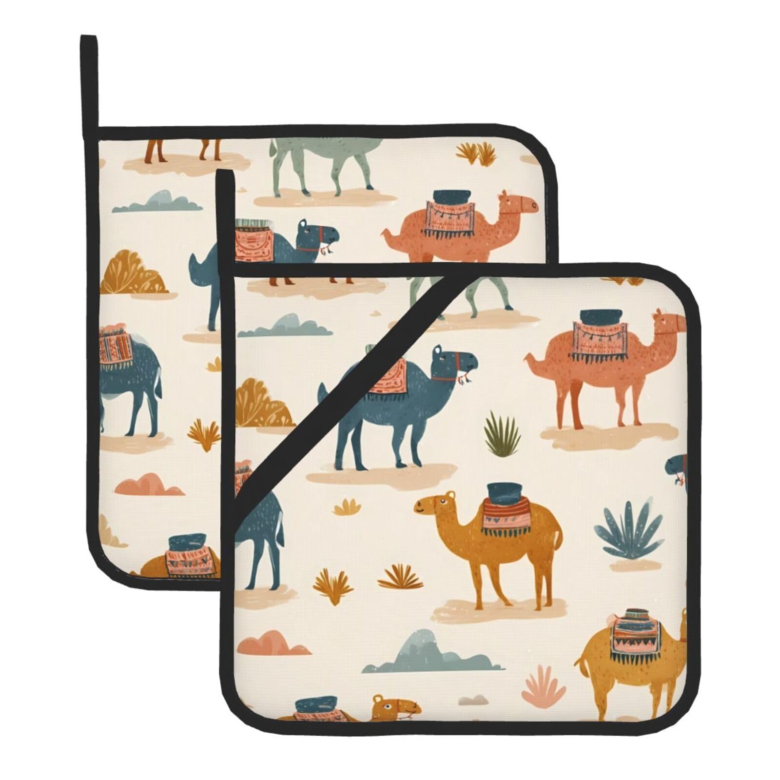 HJFCZH Peak Camel Printed Square Insulated Pot Mat Set (2-Piece) 8x8in Waterproof, Thickened & Easy to Clean with Lanyard Design for Kitchen, Oven & BBQ