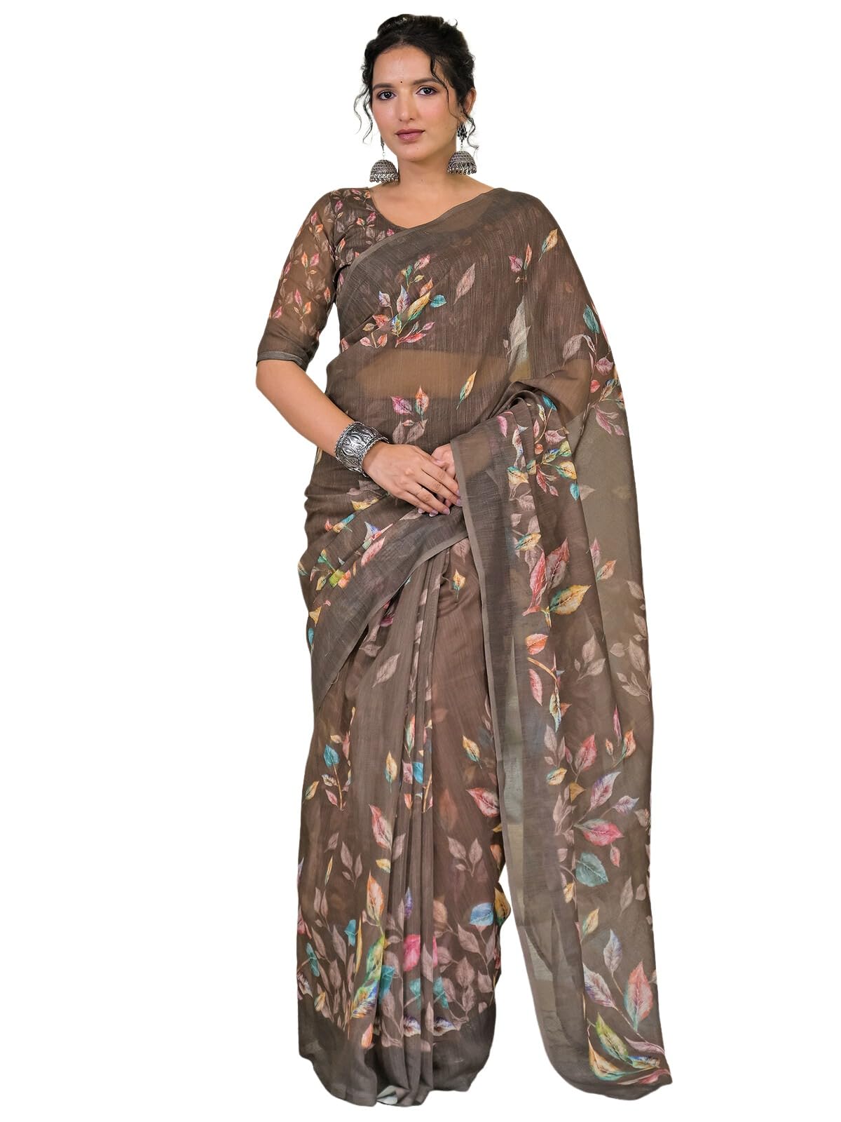 satrani Women's Printed Linen Saree with Unstitched Blouse-picture-19
