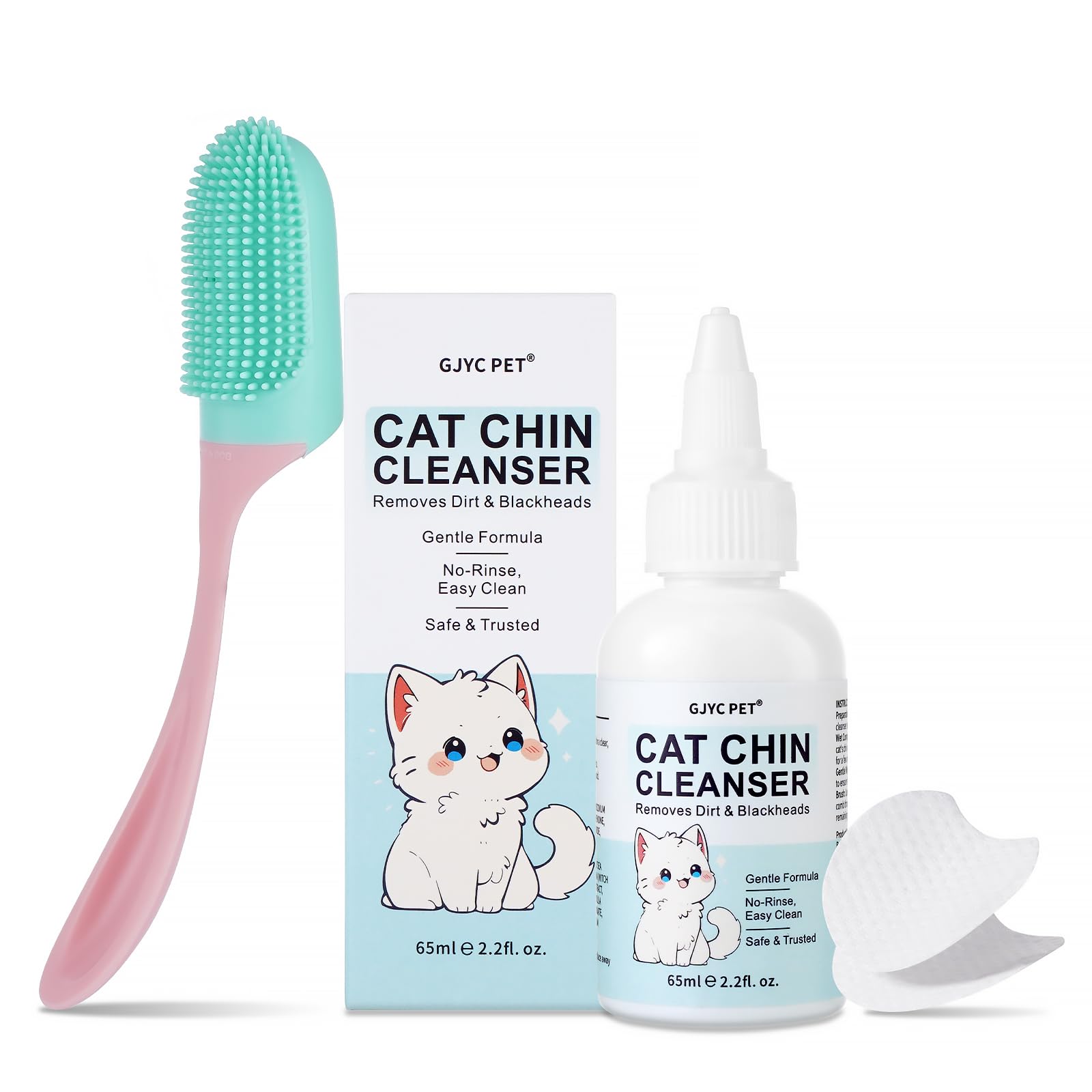 Nettoyant de Menton pour Chat, Traitement de l'acné pour Chat, Solution pour enlever l'acné et Les Points Noirs, Ensemble avec Brosse et lingettes Anti-acné, apaise et maintient Une Peau Saine, 65 ML