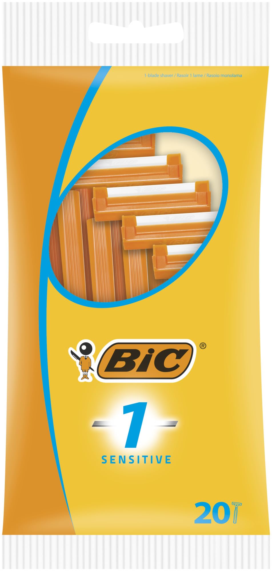 BIC 1 Sensitive Razors for Men - Disposable Single Blade Razor Pack of 20