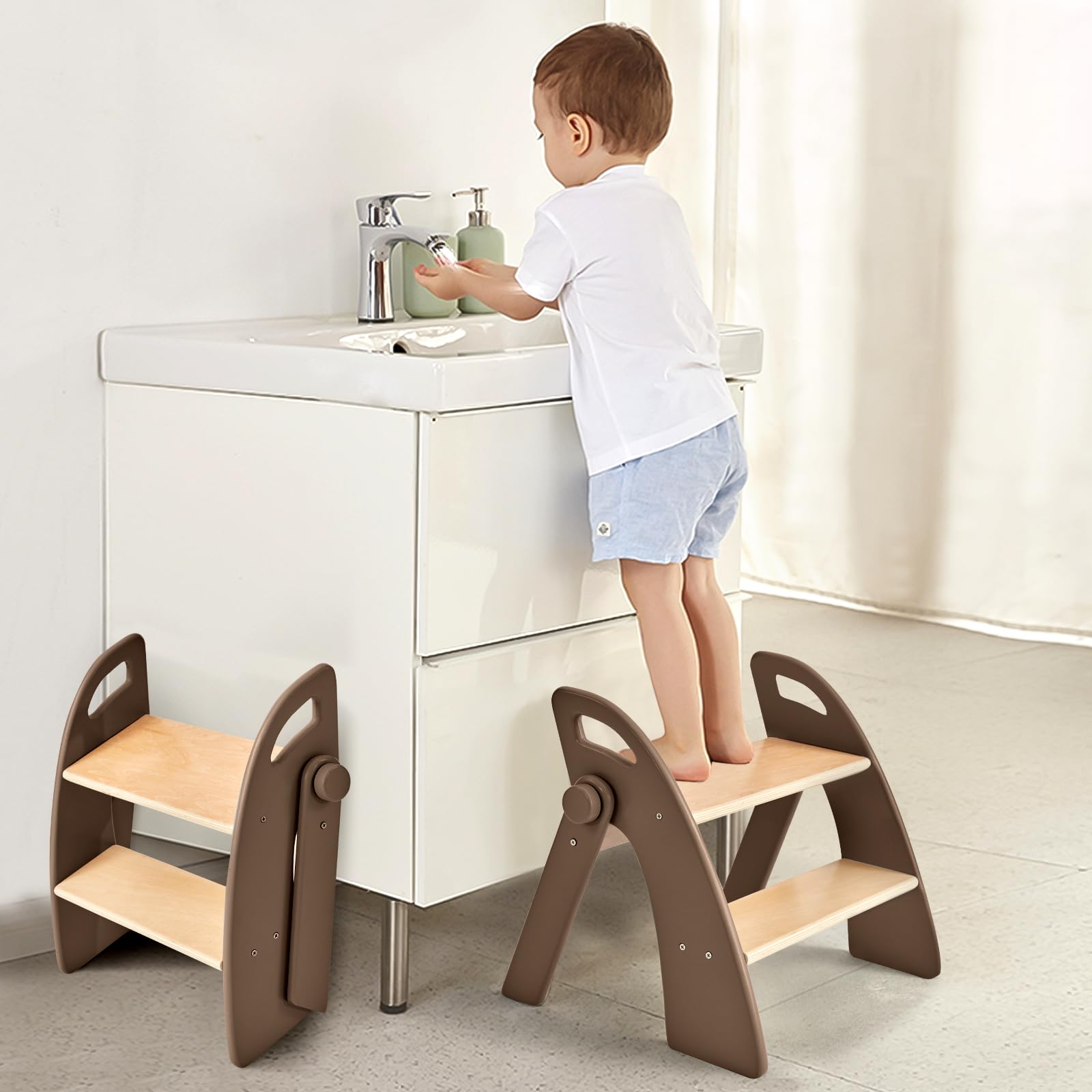 Photo 1 of Wooden 2 Step Stool for Kids Bathroom Sink Foldable Anti-Slip 2-Step for Toilet Potty Training, Child Stepping Stool for Kitchen Nursery Bedroom, Sturdy Non Slip Adult Stool for Closet Brown