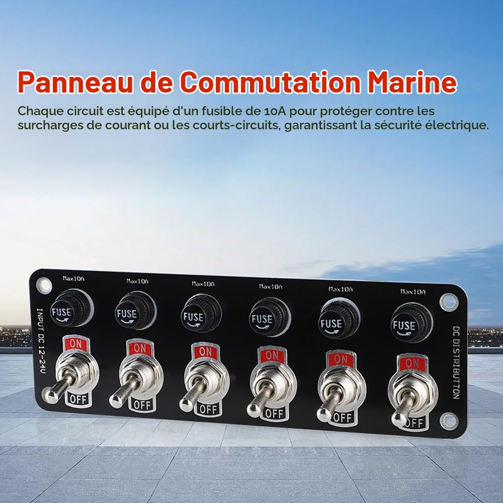 Shkalacar Panneau de Interrupteur à Bascule 6 Gangs Panneau électrique de Bateau Interrupteur à Bascule Marche/arrêt étanche avec fusibles 10A pour Voiture 12-24V Bateau Marin Yacht Camion SUV RV