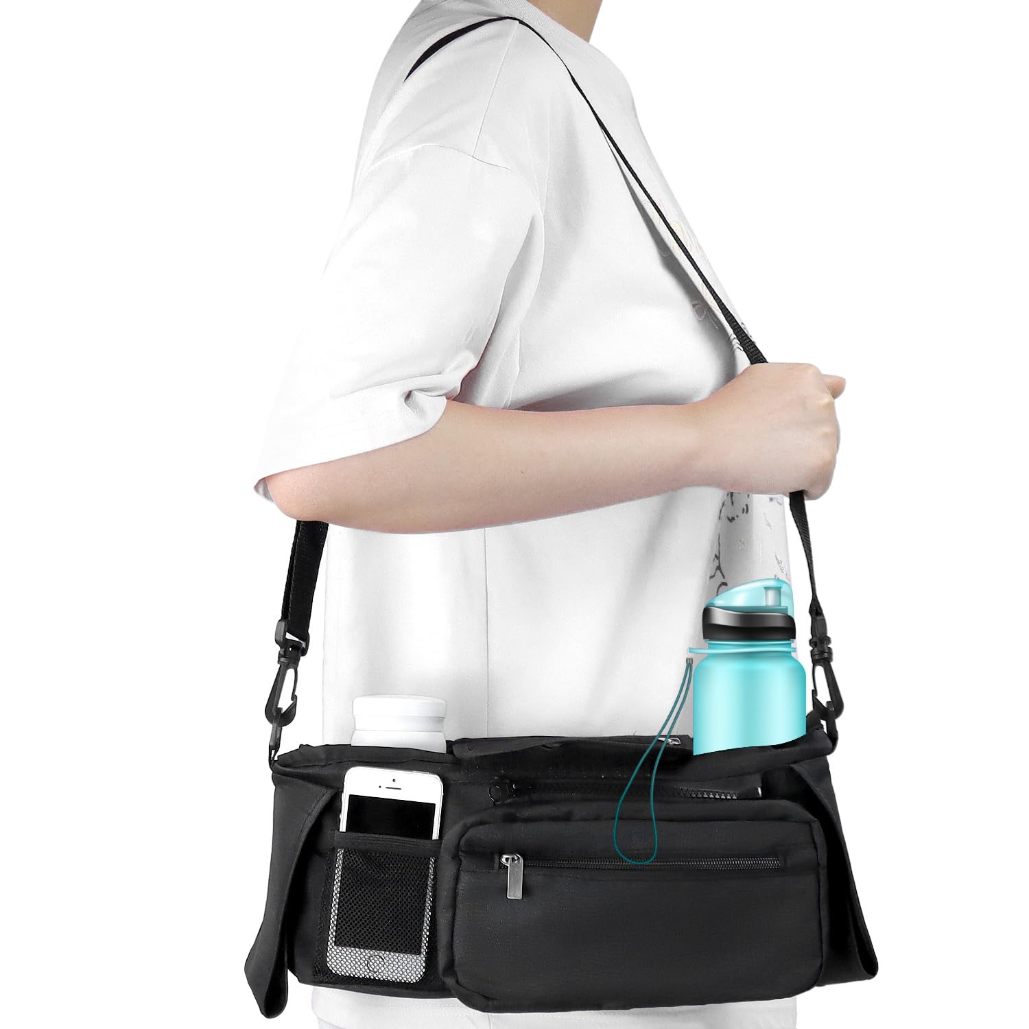 QWORK® Organizador de Cochecito Universal con portavasos aislantes, Bolsa removible y Correa de Hombro Ajustable - Negro