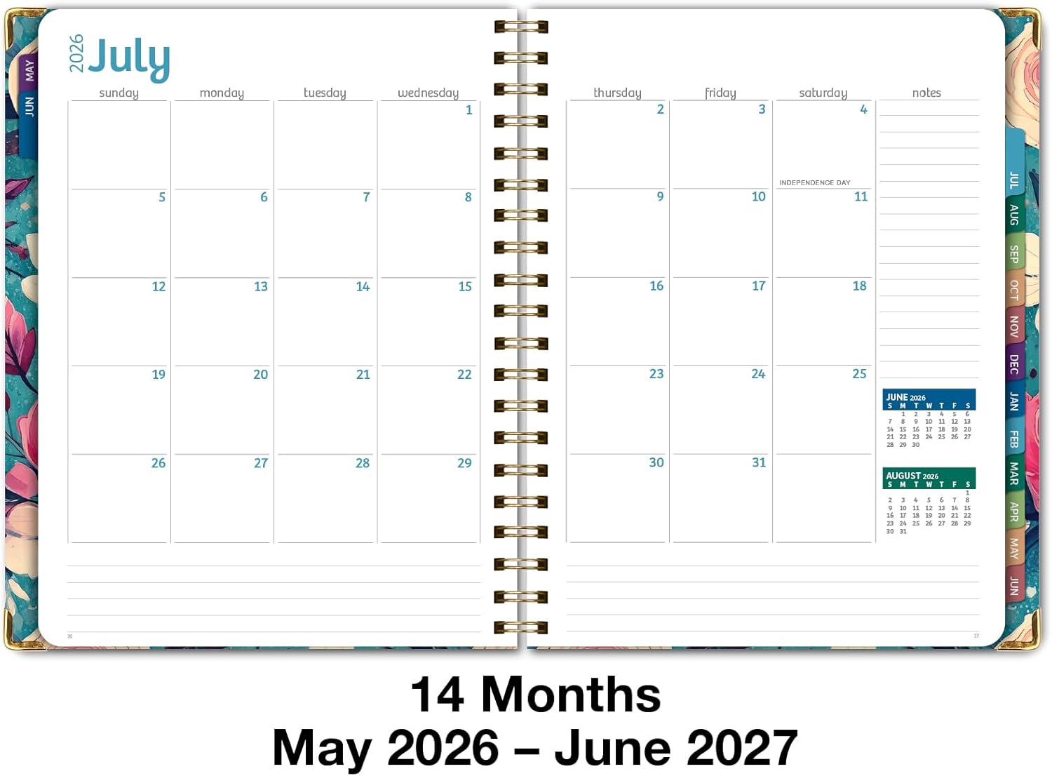 HARDCOVER Academic Year 2026-2027 Planner: 14 Months (May 2026 Through June 2027) 8.5"x 11" Daily Weekly Monthly Planner Yearly Agenda. Bookmark, Pocket Folder and Sticky Note Set (Teal Floral)