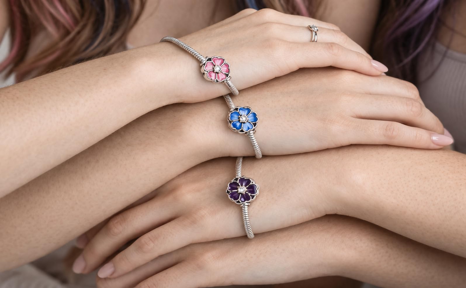 Charm Compatibile Tutte Marche Viola del Pensiero Blu Rosa Viola Ciondoli Originale Charming Argento 925 Amicizia Mamma Bead Portafortuna Cuore Famiglia Perline Natale Donna Set