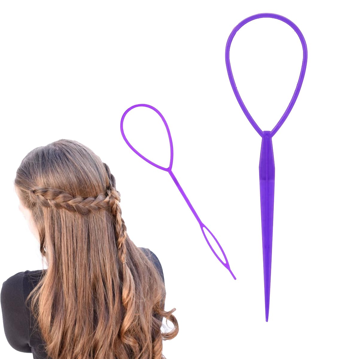 Ponytail Pull Through Hair Hoop Tool, 2pcs Braiding Tool topsy tail hair tool, Hair Braiding Tools Pony Tail Hair Tool, Hair Pull Through Tool Hair Looping Tool Styling Maker For Women Girls(Purple)