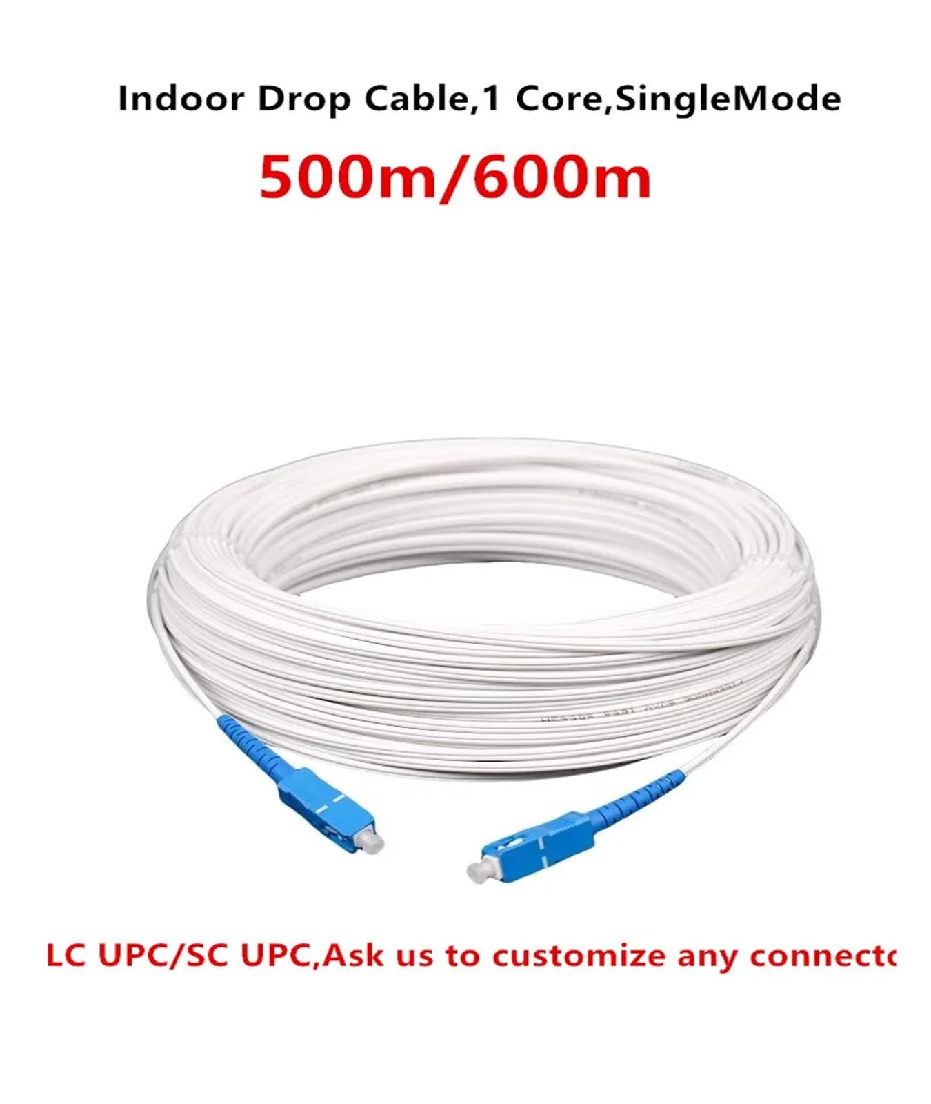 Câble de descente intérieur à fibre optique monomode - 1 conducteur, 2 fils d'acier, connecteurs SC UPC et LC UPC, longueur 500 m/600 m(Black,SC UPC 500m)