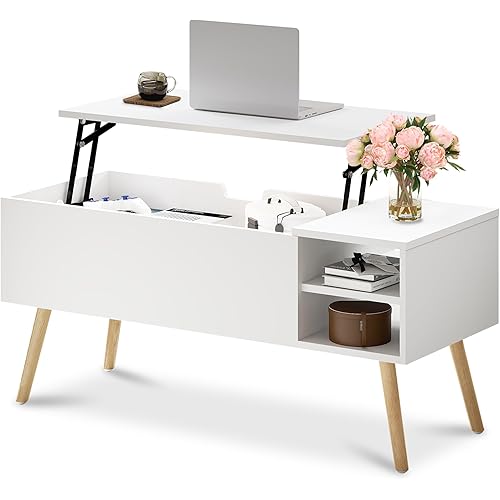 ALINE FURNITURE White Coffee Table Lift Top - Lift Top Coffee Table with Hidden Compartment Storage - Wood Coffee Table with Lifting Top - Pull Up Coffee Tables for Living Room