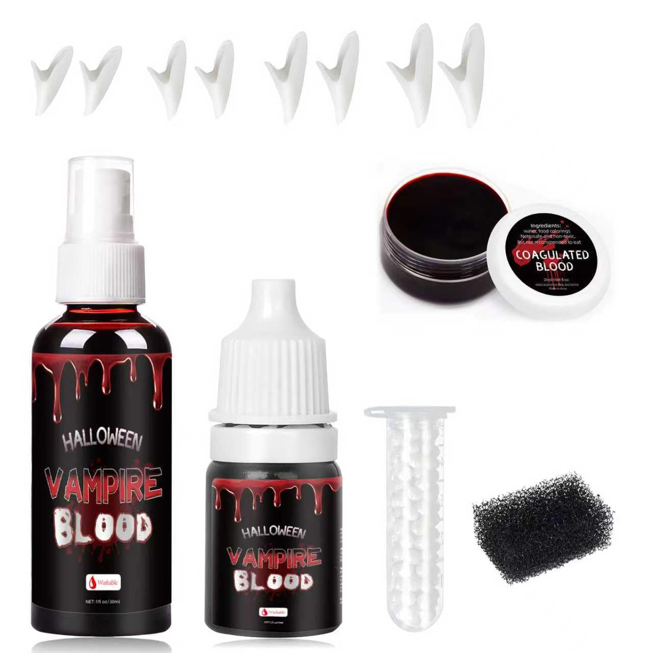 Vampire Fangs and Fake Blood Kit - 4 Pairs SFX Fake Teeth (4 Sizes) with 3 Types Blood Spray, Sticky Blood & Dripping Blood for Halloween Vampire Cosplay Makeup Vampire Makeup Kit