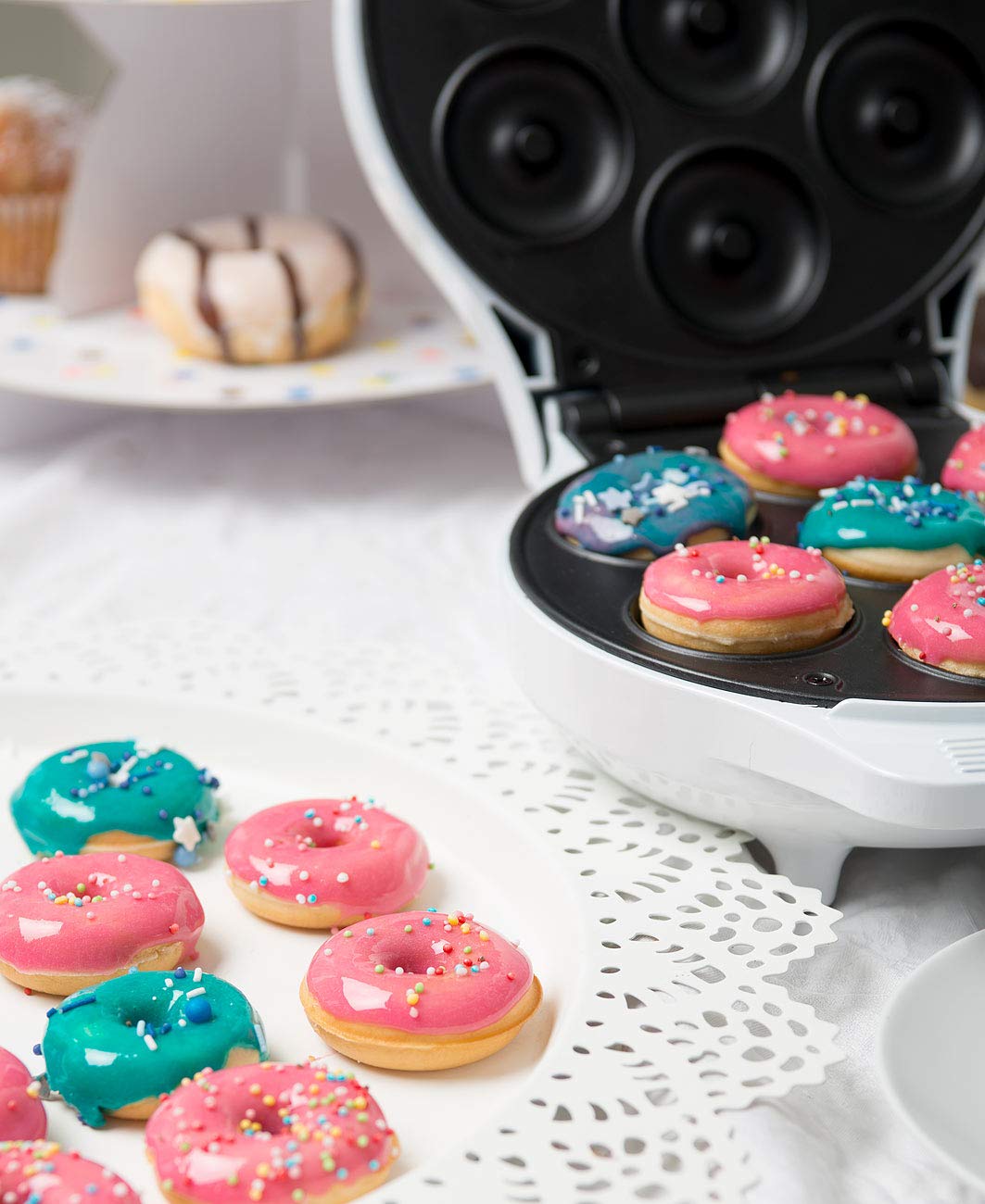 Rosenstein & Söhne Procesador de alimentos: Mini fabricante de donas, revestimiento antiadherente, 1000 vatios (Máquina para hacer gofres para rosquillas)