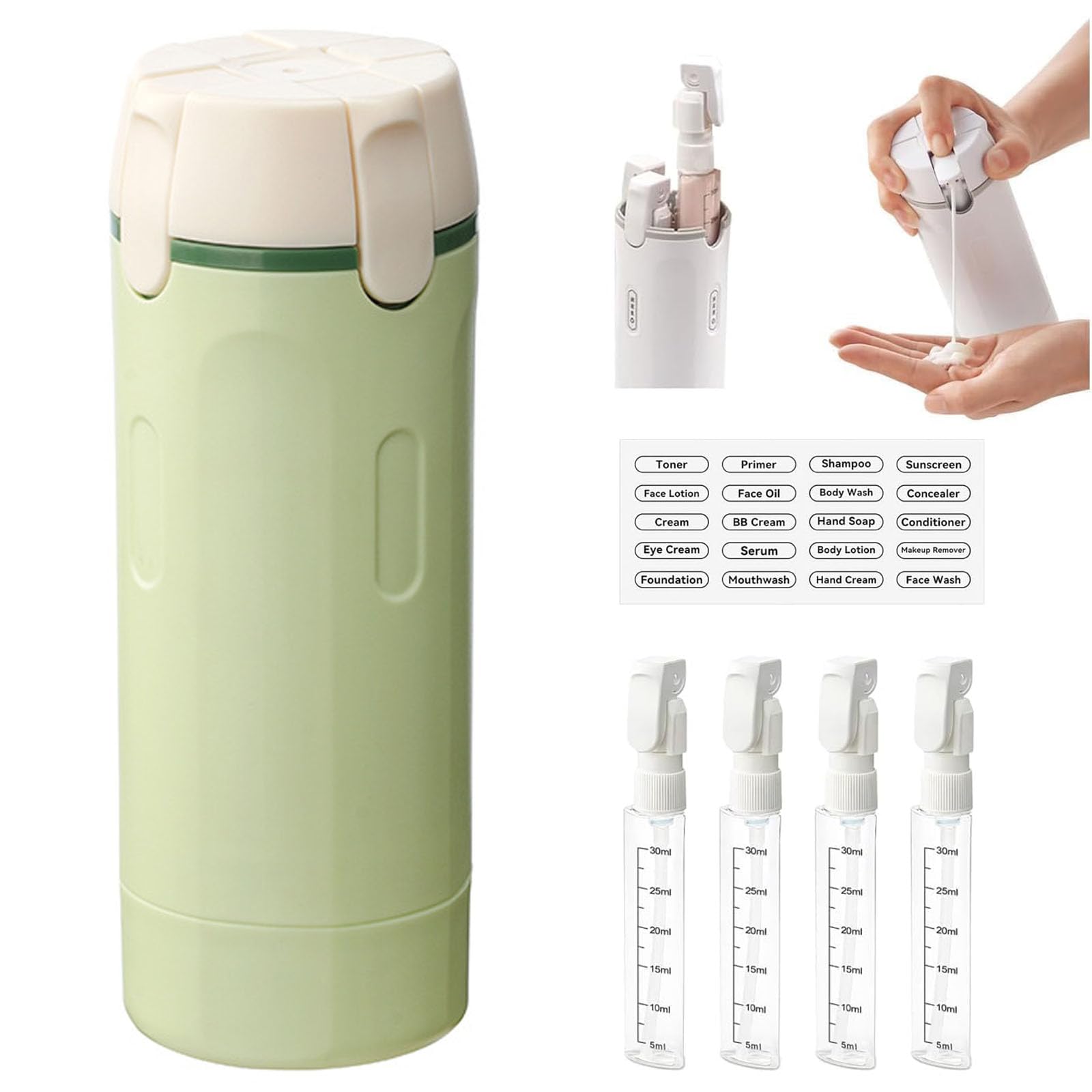 JORCEDI 4 in 1 Travel Bottle Set – Leak Proof Refillable Squeeze Containers for Toiletries, Shampoo, Conditioner & Lotion, Ideal Travel Essentials for Liquid Storage (Green)
