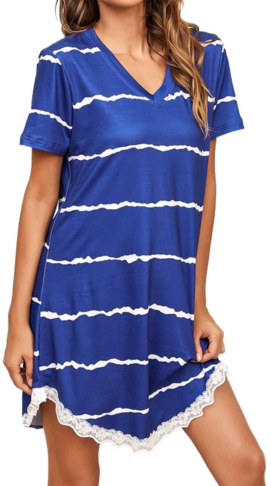 Women's Summer Striped Pajama Dress, Royal Blue Short Sleeve V Neck Sleeping Wear Casual Loose Tshirt Lace Nap Dresses Tops
