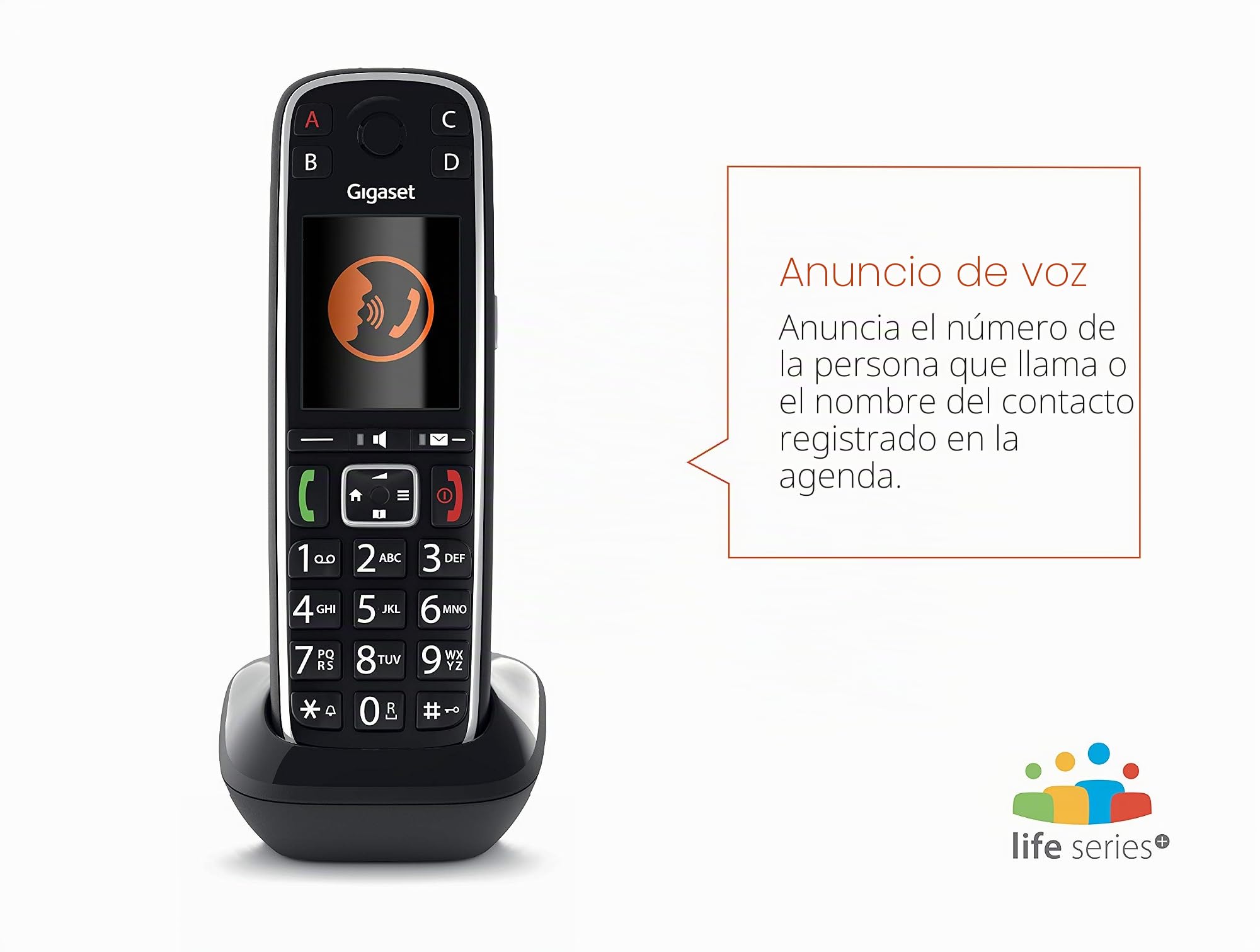 Gigaset E720 - El nuevo teléfono inalámbrico con aviso de voz de la persona que llama, teclado parlante, bluetooth para auriculares o audífonos - Color negro - Made in Italy