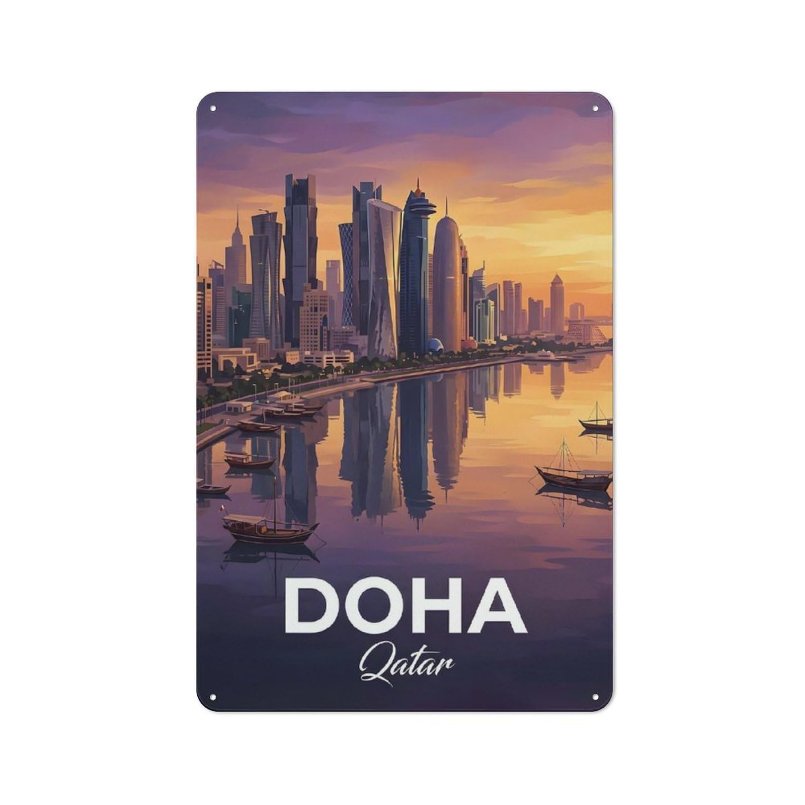 Junmoney Style-10 Classic Doha, Qatar Skyline At Sunset Metal Sign 30X20cm, Classic Pub Decor For Diner, Restaurant, Shed Or Kitchen