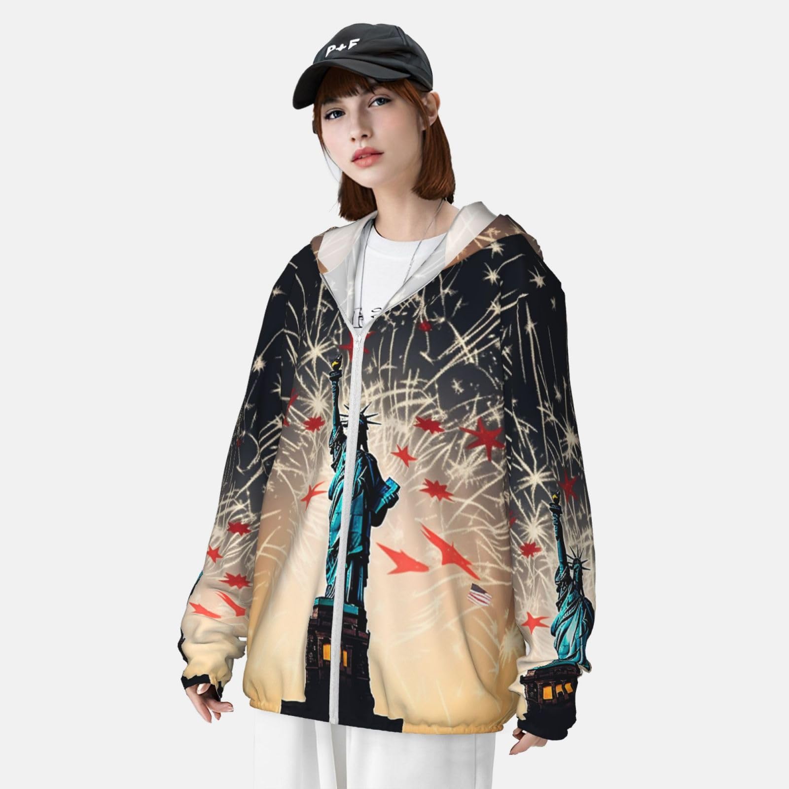 Women's Sun Protection Hoodie Jacket Sun Protection Clothing for Men Statue of Liberty and Fireworks Women Run Shirt Medium Black