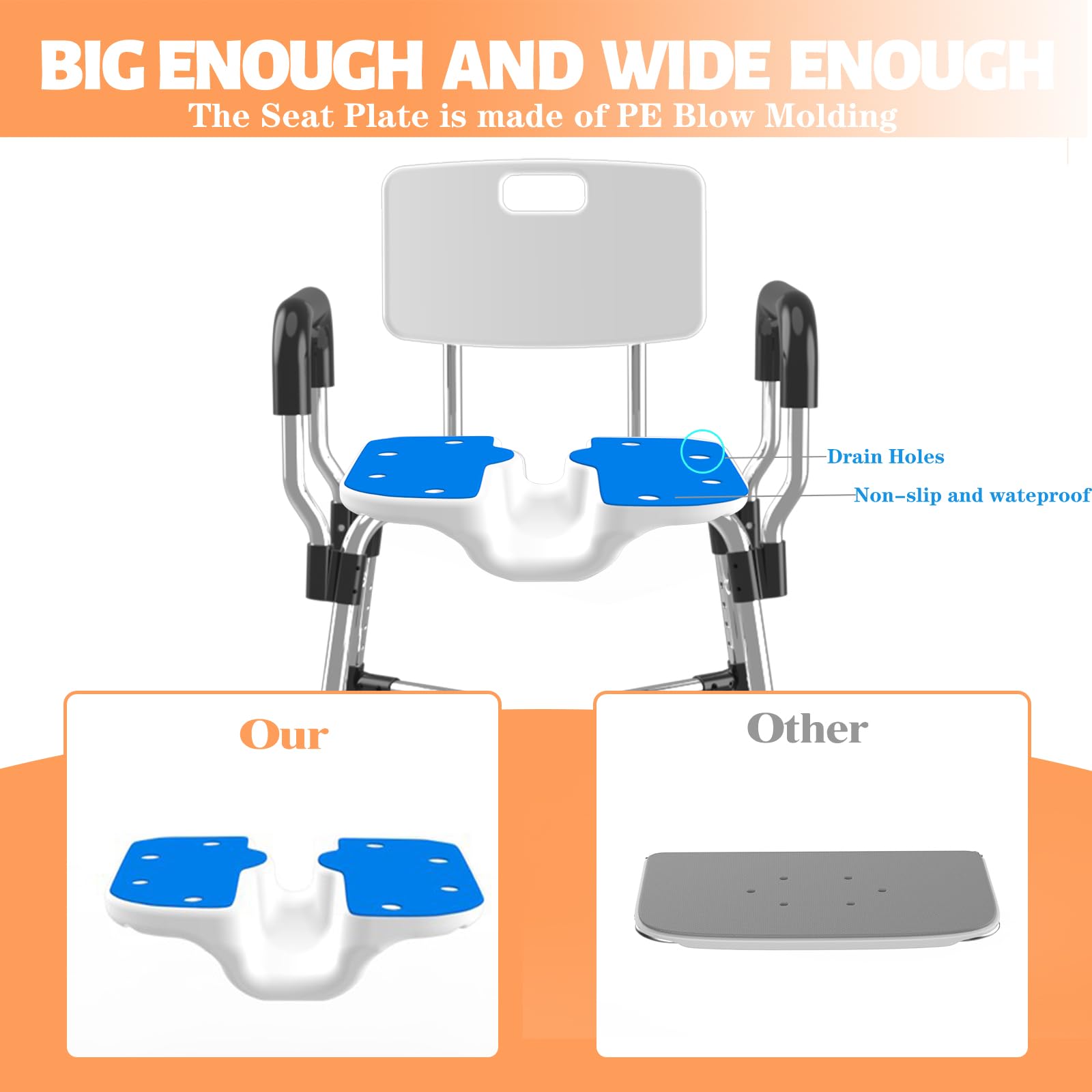 Shower Chair with Arms and Back 400 LB, Folding Shower Chair 5-Level Adjustable, Non-Slip Feet Shower Seat, for Elderly,Handicap,Disabled, Seniors & Pregnant