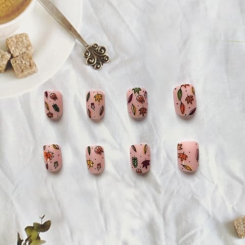 Miniatura 4 de Uñas postizas a presión de otoño, uñas postizas cortas con diseños de hojas de arce otoñales, uñas adhesivas bonitas, uñas acrílicas cuadradas, uñas