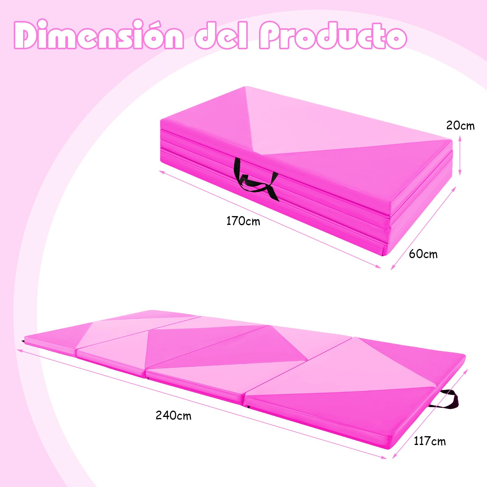 GOPLUS Colchoneta de Gimnasia Plegable, 240x117x5cm, Esterilla de Entrenamiento de Cuero Artificial con Asas de Transporte, Alfombra de Suelo para Fitness Yoga (Rosa + Purpúreo)