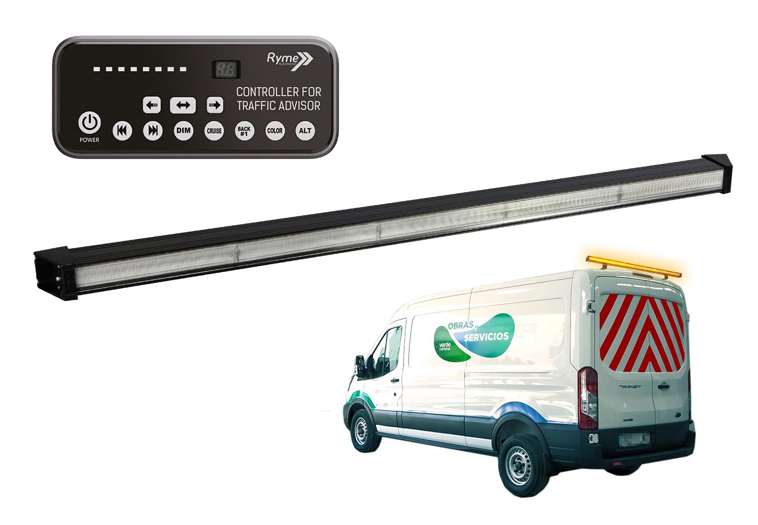 Ryme Automotive Barra LED Emergencia Ámbar 1204mm | 96 LEDs Alta Visibilidad | Control de Tráfico con Mando Cableado | 24 Funciones | IP67 | Homologación R65 XA2 CE ECE R10 UKCA