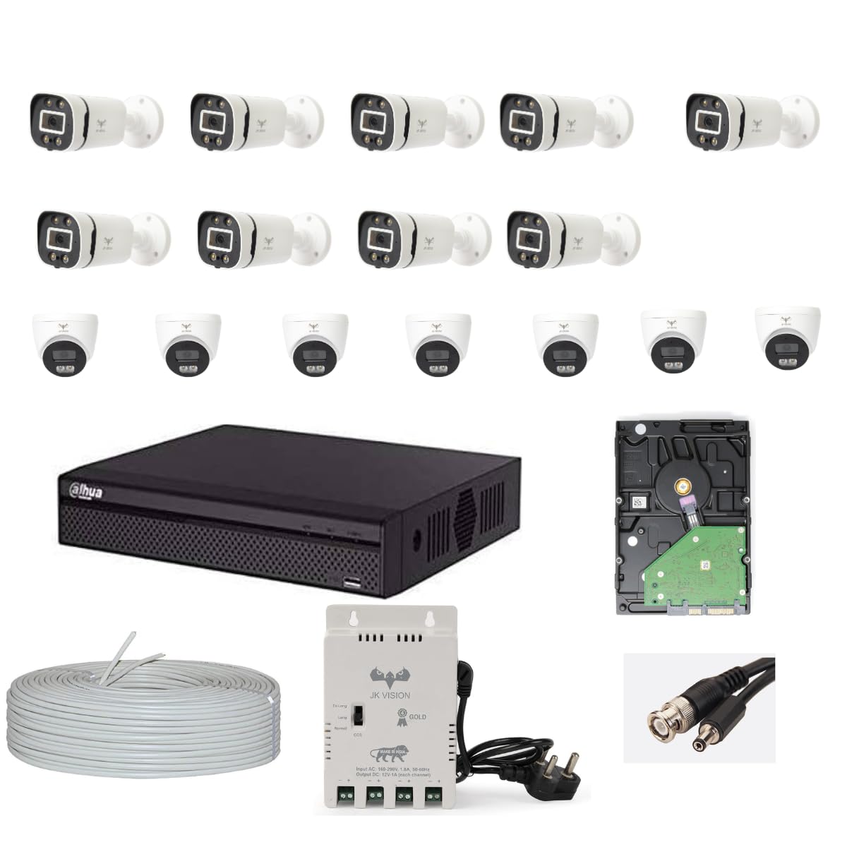 JK Vision 2.4MP ColorVu CCTV Camera System for Home, Office, School (9 Bullet, 7 Dome, 1TB Hard Disk, 4 Channel Power Supply, DVR, 90Mtr Cable, BNC/DC)-image-27