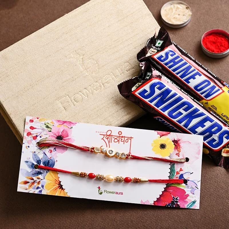 FlowerAura Set Of 2 Designer Rakhi With 2 Snickers Chocolate Bar Gift's For Brother's RakshaBandhan (Roli & Chawal) 1