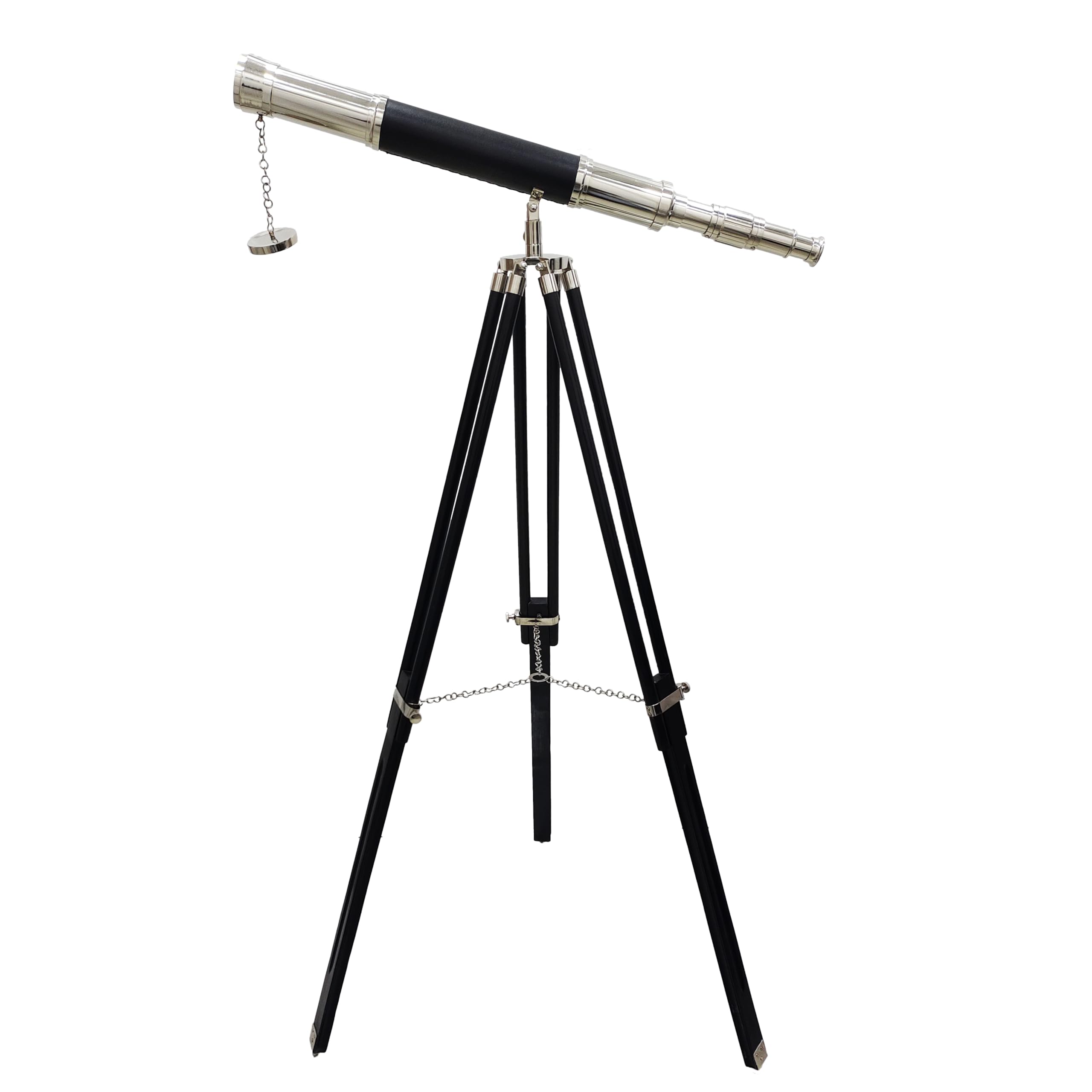 Navirock Nautical Vintage Handmade Chrome/Nickel Finish Telescope with Black Wooden Tripod Chrome Finish Black Leather Curved Telescope Home Decor