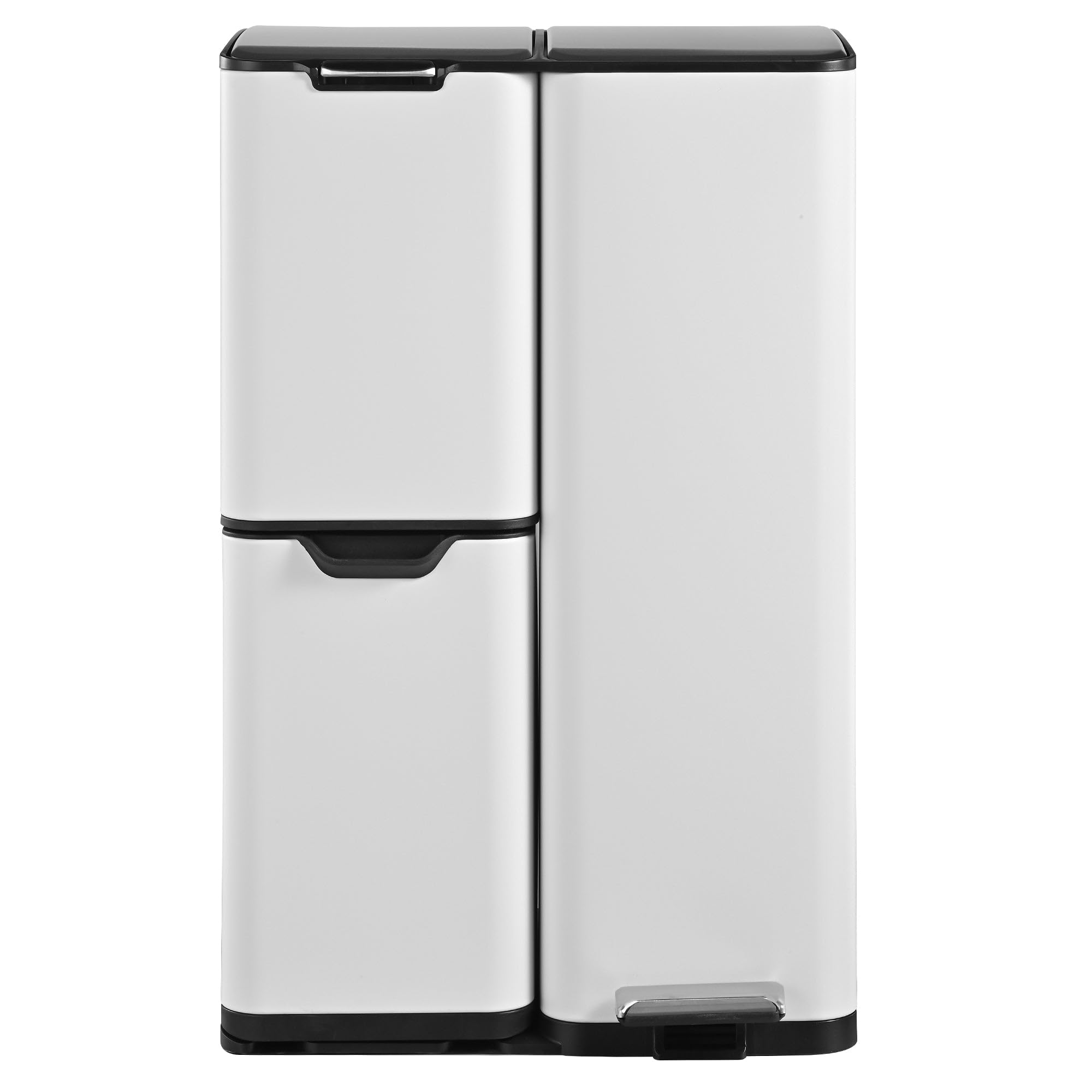 KITCHEN MOVE HAJA Mülleimer für die Küche, mit Tretschalter, Mülltrennung, Recycling, 60 l (13 + 17 + 30 l) aus Edelstahl, weiß, mit Eimer