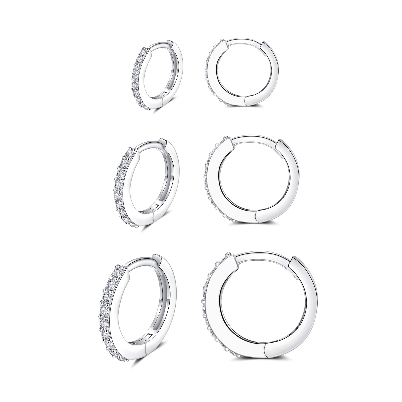 SNORSOSilver Huggie Hoop Earrings for Women, 3 Pairs Tiny Hypoallergenic Sterling Silver Cartilage Hoops | 14k Gold Small Cubic Zirconia Cuff Earrings Mini Piercing Jewelry for Girls Men Teen (6/8/10/12mm)