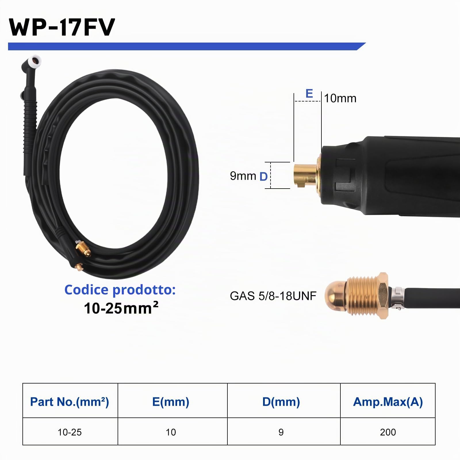 Reboot Torcia TIG WP-17FV – Cavo flessibile 4m, raffreddata ad aria, Argon, 150A per saldatura TIG Lift 10-25mm, per saldatrici Reboot