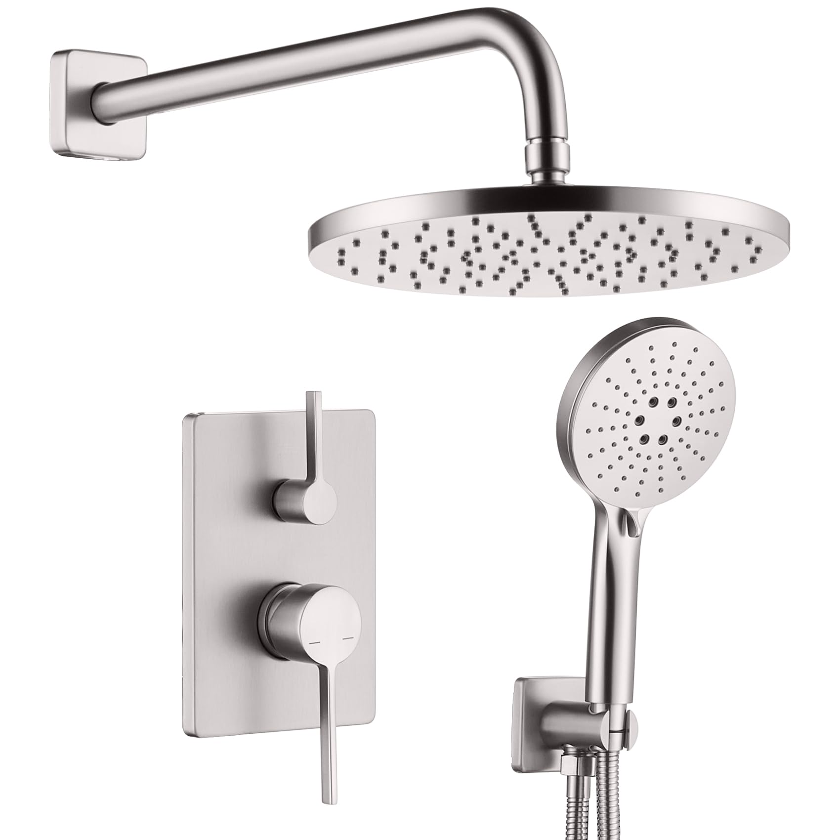 AONEON Shower Faucet Mixer Set Includes 10-Inch Rained Shower Head, 3-Setting Handheld Spray and Pressure Balance Valve Wall Mounted Brushed Nickel