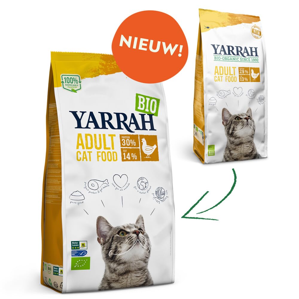 YARRAH Biologisch droog kattenvoer, graanvrij, hoogwaardig premium droogvoer voor katten, hoog gehalte aan voedingsstoffen, voer voor katten van alle leeftijden met biologische kip en MSC-vis, 2,4 kg