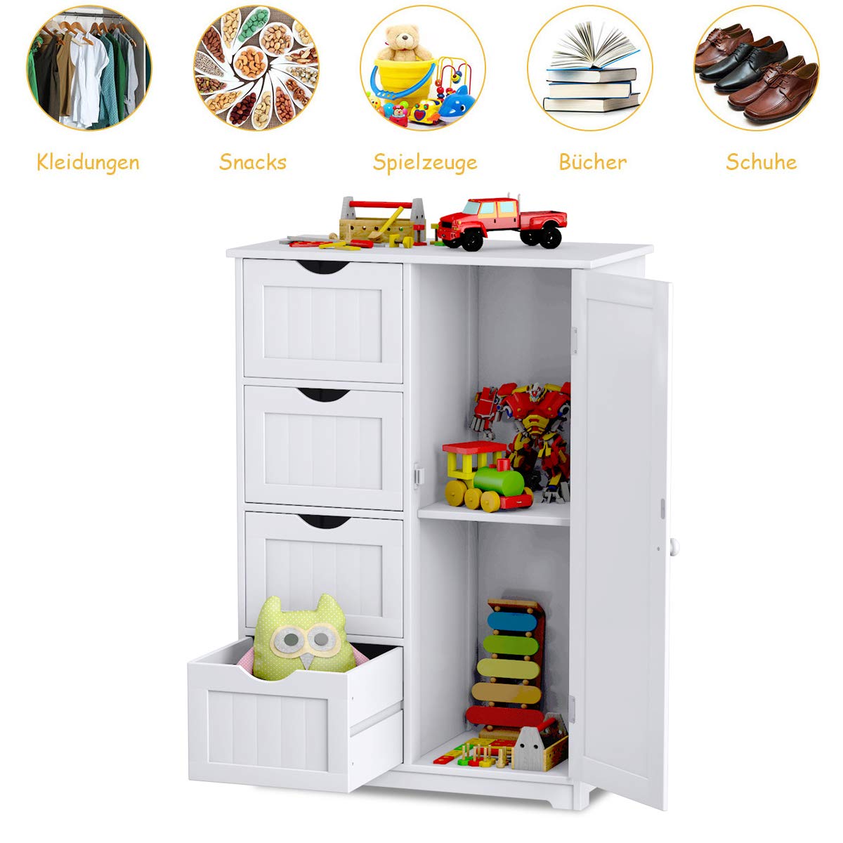 RELAX4LIFE Badezimmerschrank, Beistellschrank, Kommode mit 4 Schubladen, Lagerschrank Holz, Sideboard mit verstellbare Ablagen, Mehrzweckschrank für Bad & Zimmer & Flur, weiß