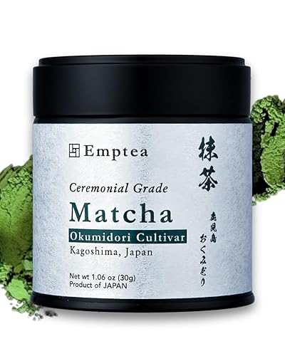 Emptea Polvo de matcha Kagoshima Okumidori de grado ceremonial, primera cosecha molida a piedra, cultivar único Okumidori, orgánico japonés, polvo