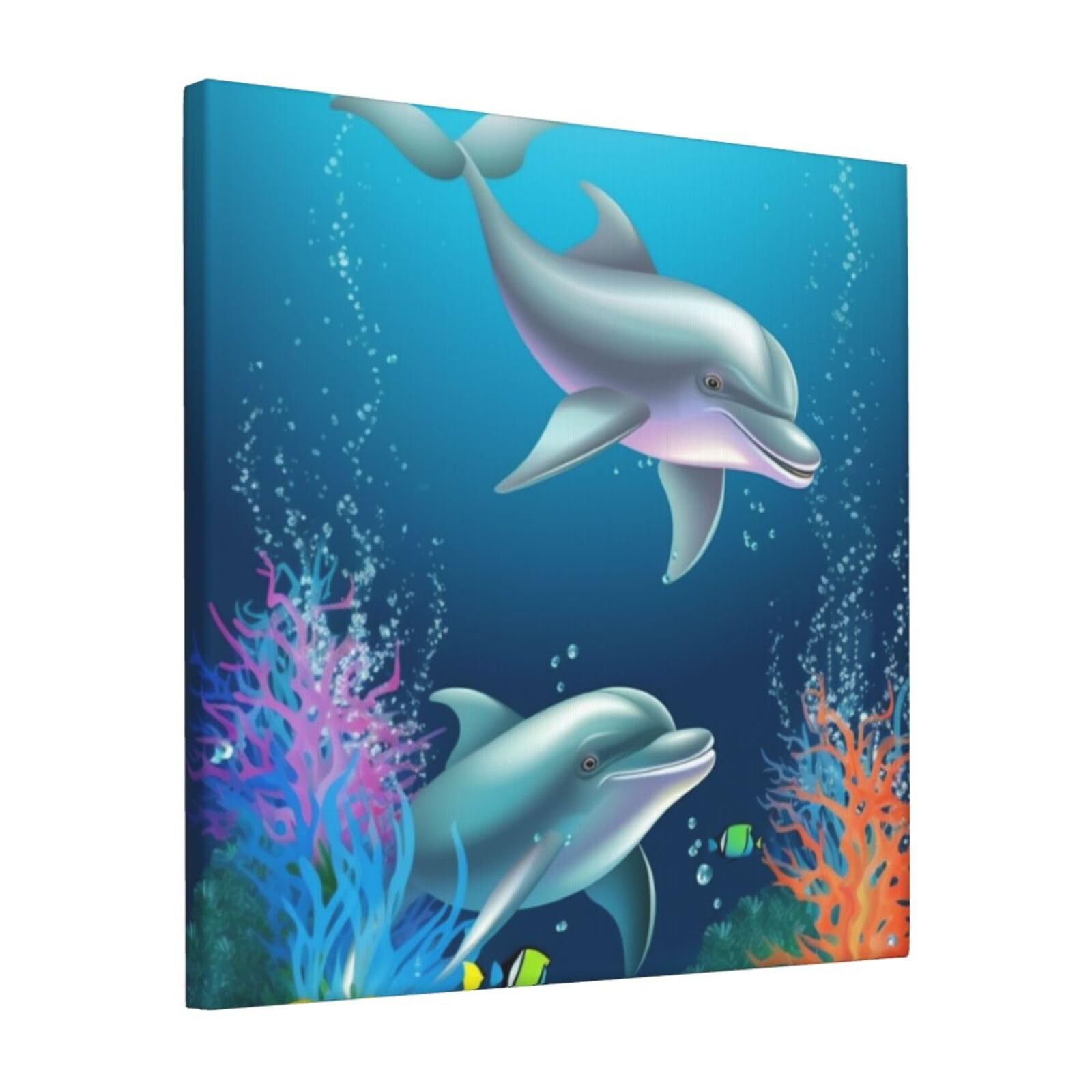KLOPH Dolphin and fish Canvas Wall Art for Living Room 12"x12" Modern Artwork Painting for Bathroom Hanging Canvas Prints Aesthetic Wallart for Bedroom Kitchen Office Wall Decor