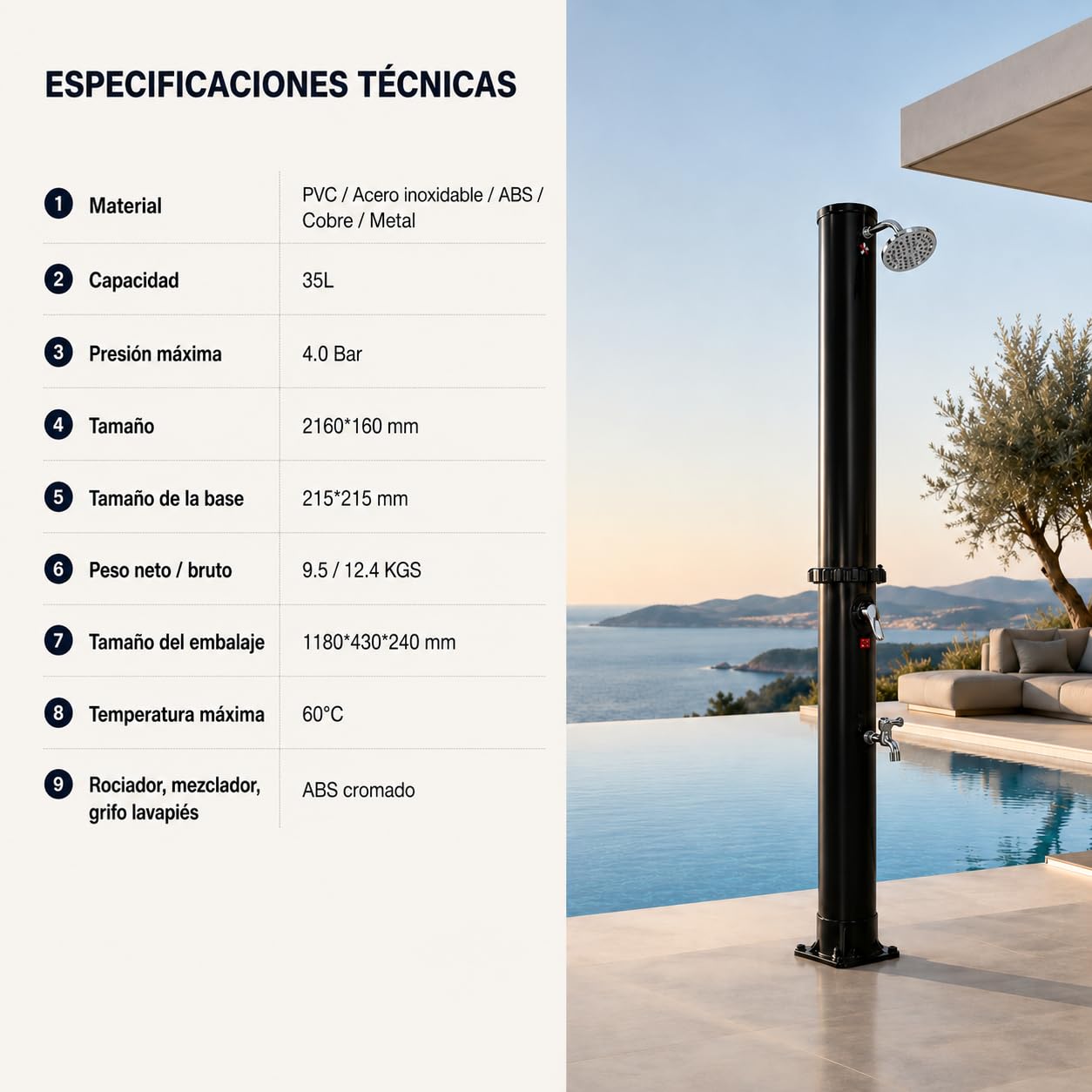 Ducha Solar Exterior 35 L jardín y Piscina con Mezclador y Grifo lavapiés – Depósito PVC Acero Inoxidable, Temperatura 60 °C, 216 cm, sin Electricidad