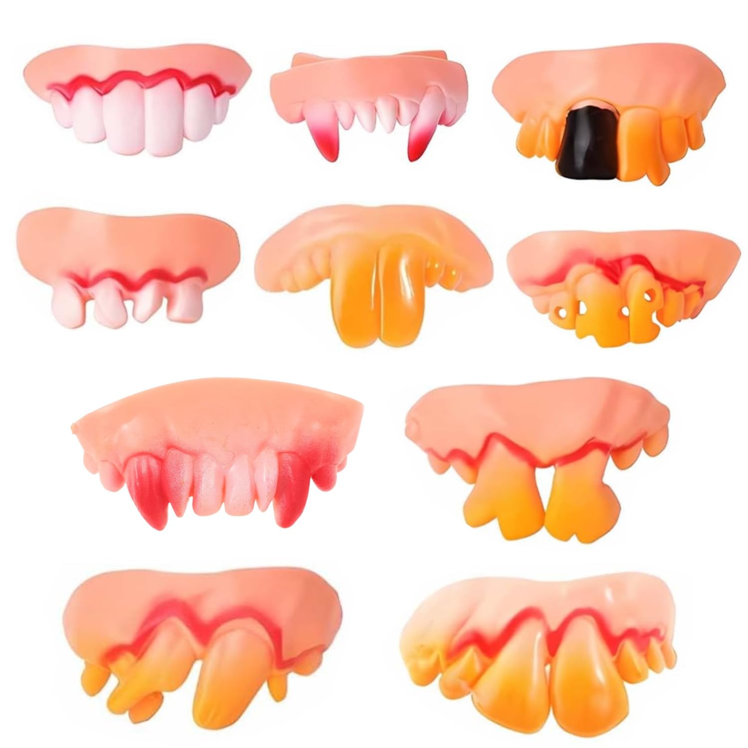 BOBOZHONG 10PC Fake Teeth Set - Funny Crazy Artificial Teeth for Halloween, Ugly Cosmetic Dentures & Vampire Fangs - PVC Comedy Prop for Costumes, Cosplay & Pranks
