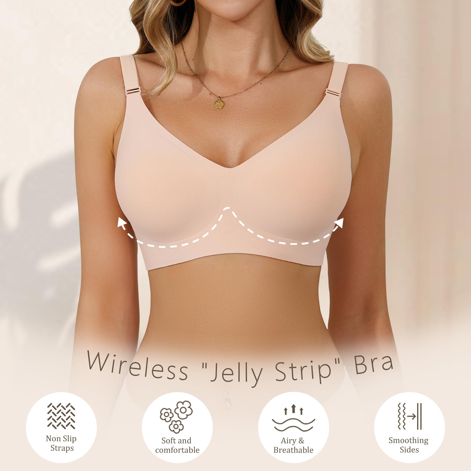 Reggiseno Push Up V-neck Wireless Senza Cuciture Senza Ferretto Donna, Scollo a V, Supporto Completo, Imbottitura Rimovibile Comoda, Basic da Donna, Colore Bianco