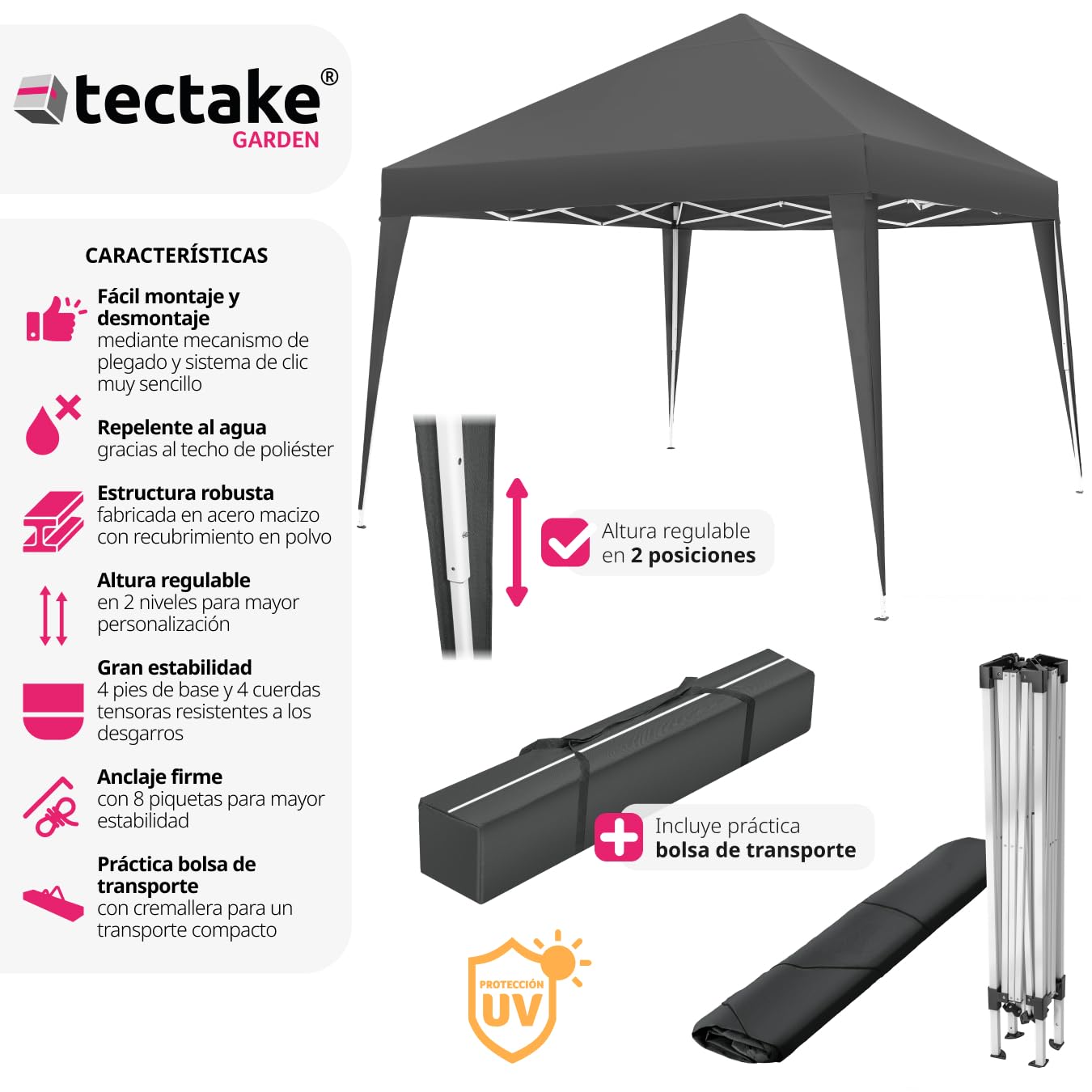 tectake® Carpa Plegable, Estructura Robusta, Regulable, Cenador, Pergolas de Jardin, Toldo Camping, Playa, Exterior, Carpas Repelentes al Agua, Cenadores para Jardin - 3x3 m Gris