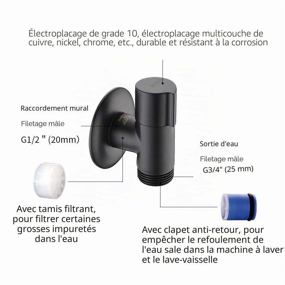 Valve d'appareil NOMONA pour lave-vaisselle, vanne d'angle murale pour lave-vaisselle, raccordement d'eau G1/2" vers G3/4" (Noir mat)