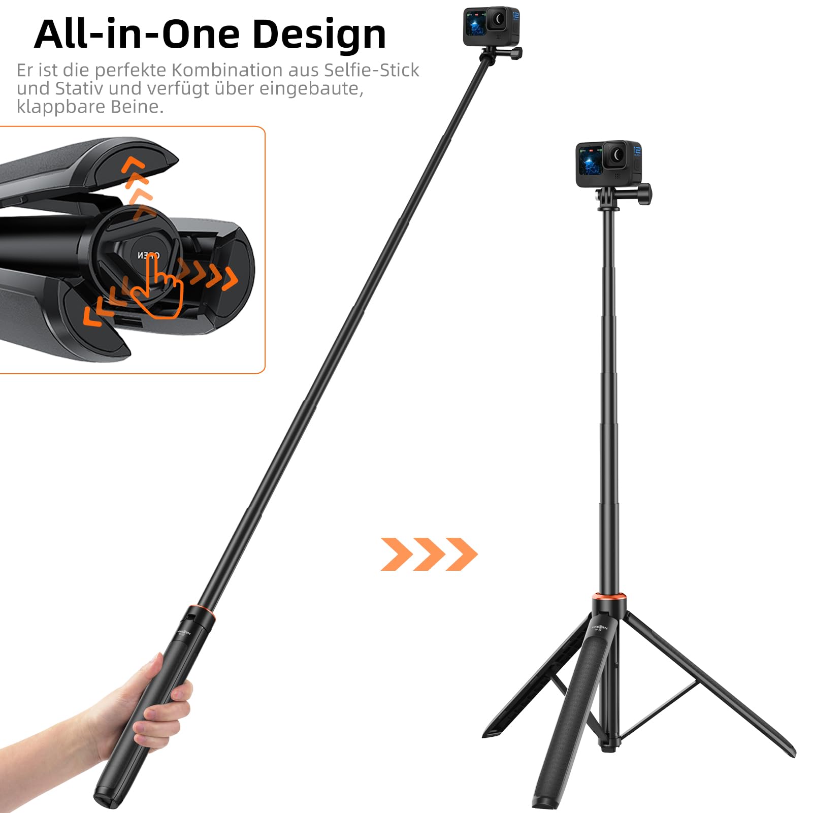 135cm Selfie Stick Stativ für DJI Osmo Action 5 Pro/4/3, Pocket 4/3, Osmo 360, GoPro, 2-in-1 Reisestativ mit Magnetischem Schnellverschluss-Adapter