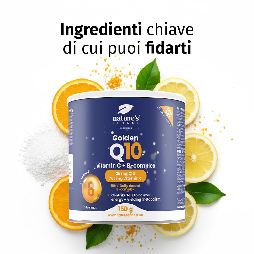 Nature's Finest Golden Q10, 150 g - Coenzima Q10 con Vitamina C in Polvere e Complesso Vitamina B - Integratore Alimentare in Polvere Gusto Arancia